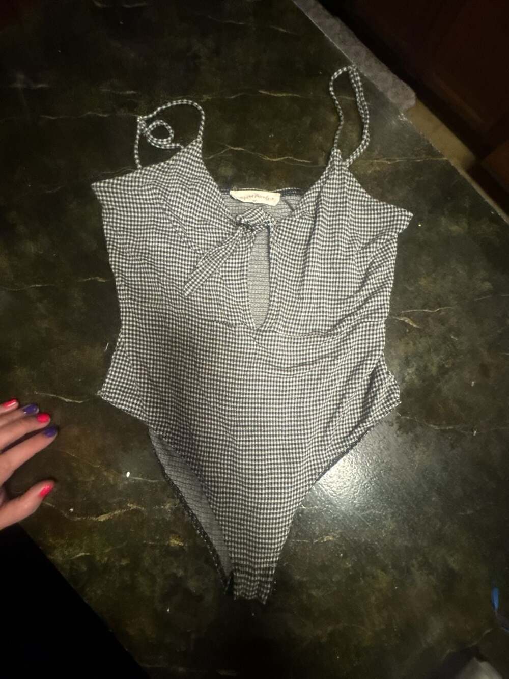 American Threads Black and White Gingham Tie-Front Bodysuit